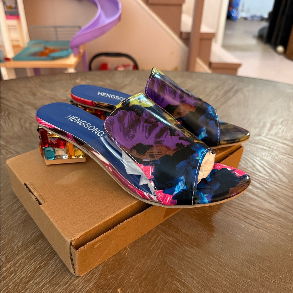 Blue and Purple Mules with Transparent Heel